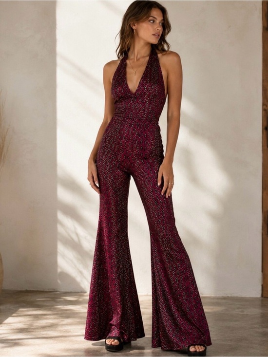 Motel Rocks Pants - Motel Rocks Burgundy Patterned Halter Jumpsuit